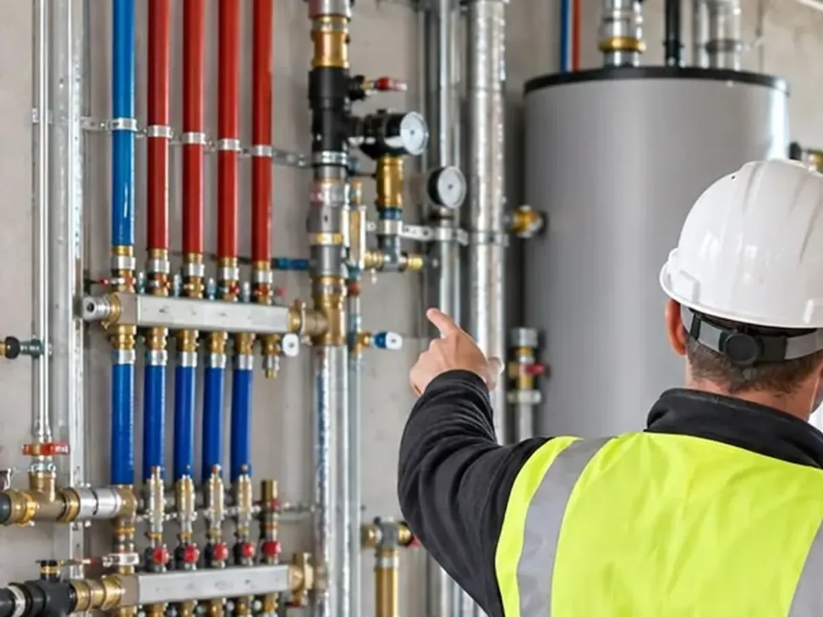 Monteur vor Heizkreisverteiler und Warmwasserspeicher in einem Technikraum
