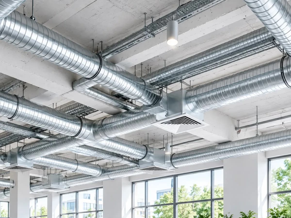 Wickelfalzrohre und Luftauslässe einer Lüftungsanlage unter einer Betondecke