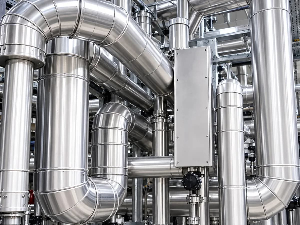 Rohrleitungen aus Edelstahl mit Bögen und Armaturen in einer Industrieanlage